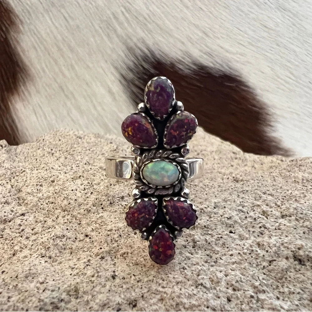 ❤️ Balloon Opal Cluster Navajo  Southwestern Artisan Ring Size Adjustable 6 to 8 - Picture 4 of 14